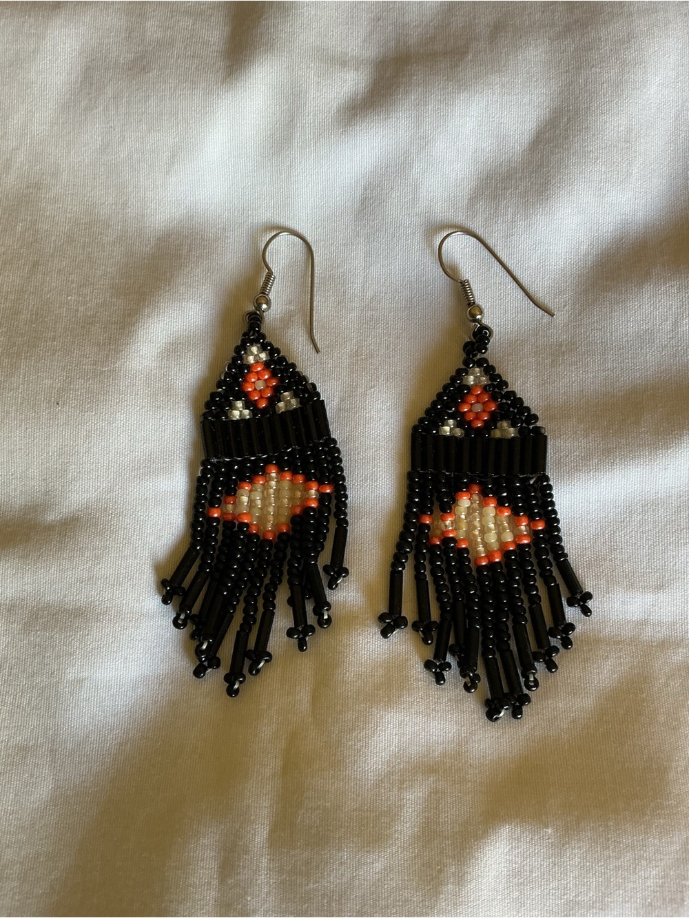 Handcrafted Black, Orange and Pearlized White Beaded Fringe Earrings